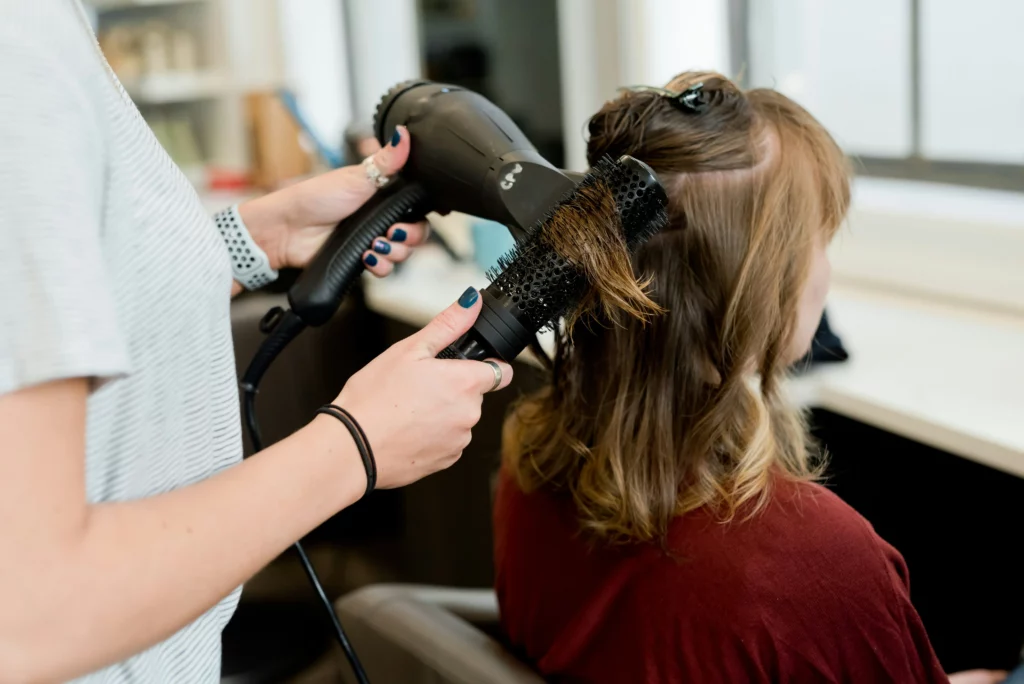 Professional salon scene with a stylist blow-drying a client's hair, promoting hair styling argan oil hair for B2B buyers in beauty and wellness industries.